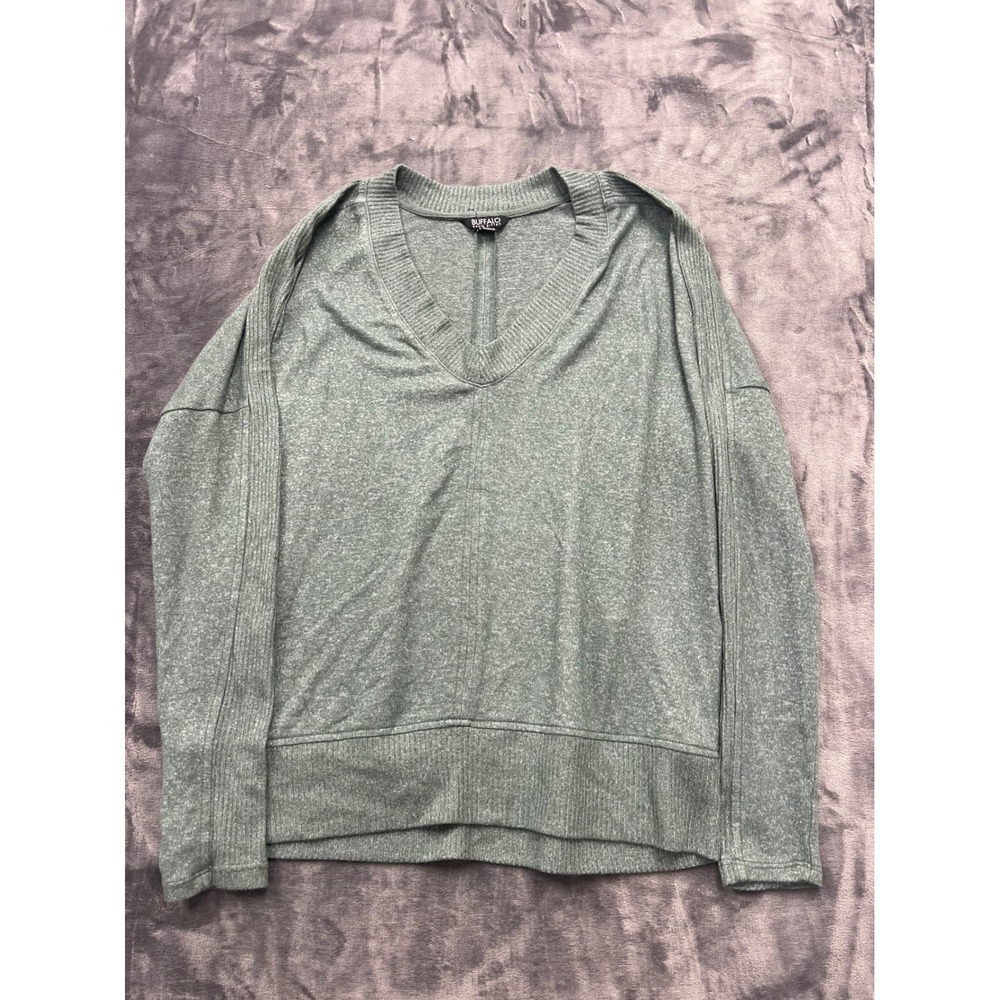 Buffalo David Bitton Sweater Womens Small Green V-Neck Heathered Knit Pullover